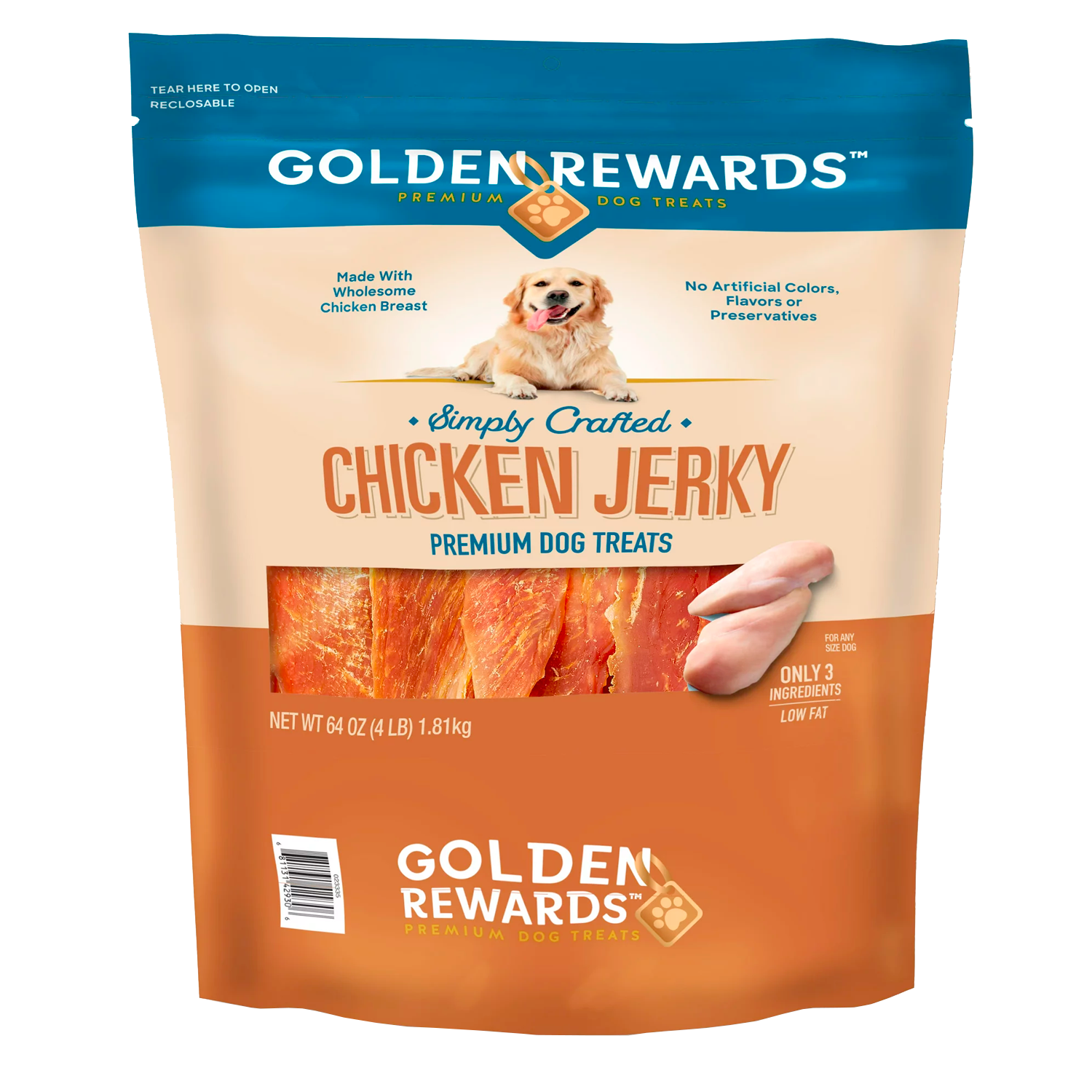 Golden Rewards Chicken Flavor Premium Dry Jerky Treats for All Dogs, 64 oz