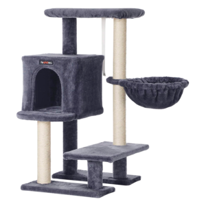 Feandrea Cat Tree, Small Cat Tower, 33.1-Inch Cat Condo with Basket, Cat Cave, Removable Washable Cover for Top Perch, for Small Spaces, Smoky Gray UPCT142G01
